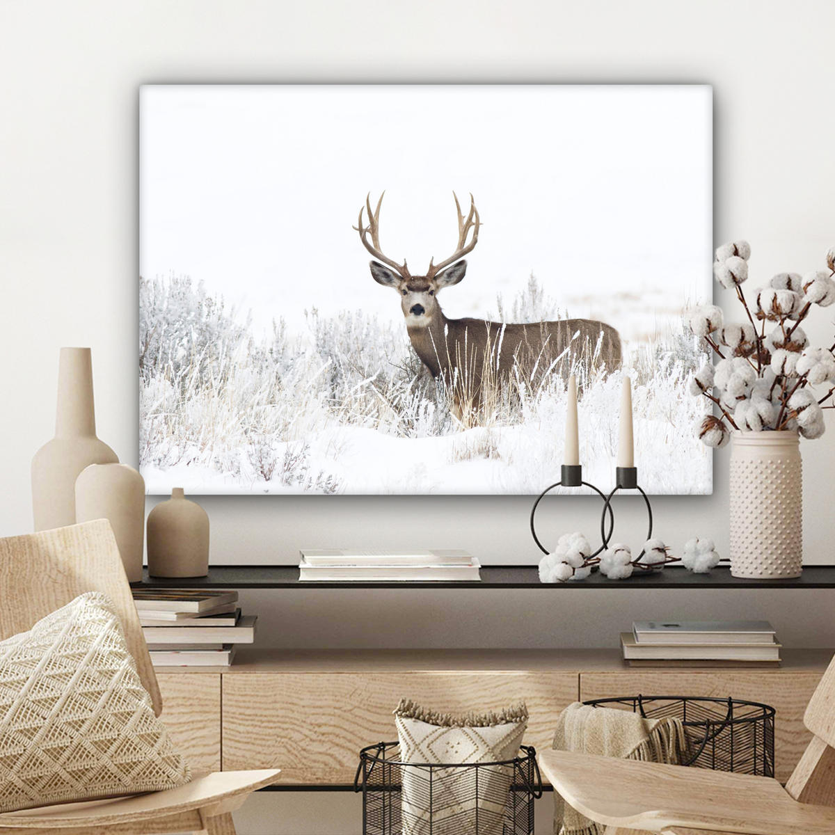 LEINWANDBILD Hirsche - Winter - Schnee - Tiere - Jahreszeiten - Weiß Wandbilder 80x60 cm - Hellbraun, Textil (80/60cm) - MuchoWow