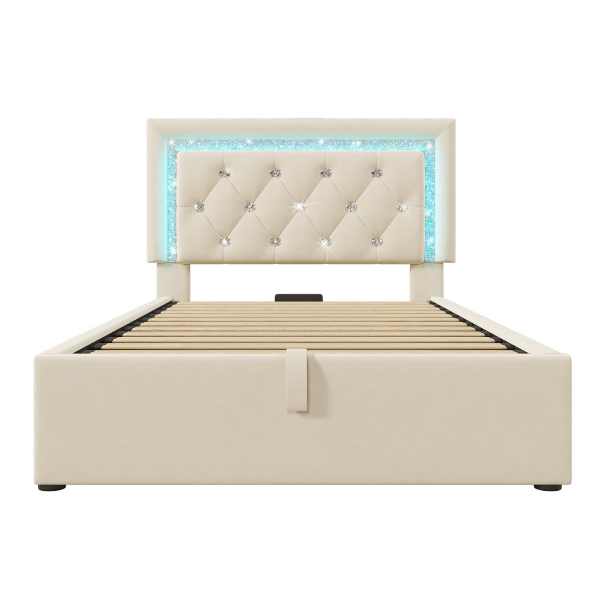 POLSTERBETT 90/200 cm Beige mit LED-Beleuchtung und Bettkasten aus Samt - Beige, Textil (90/200cm) - OKWISH