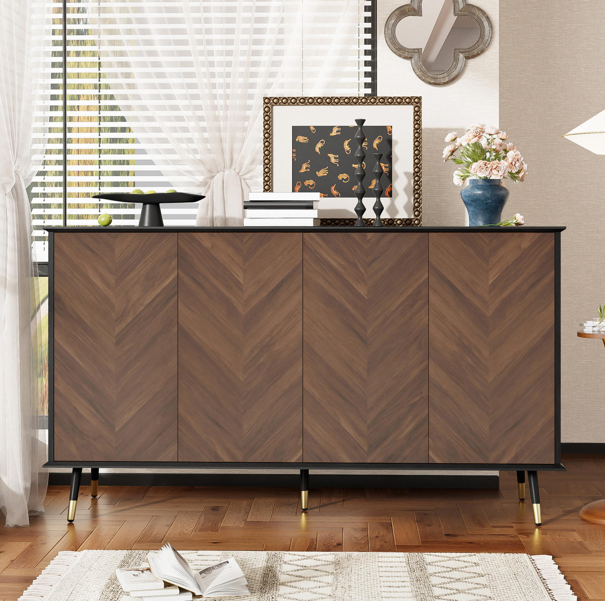 SIDEBOARD z MDF, 140/40/80 cm, černé/hnědé, se 4 dvířky a nastavitelnými policemi - černá, kompozitní dřevo (140/80/40cm) - BEAOK