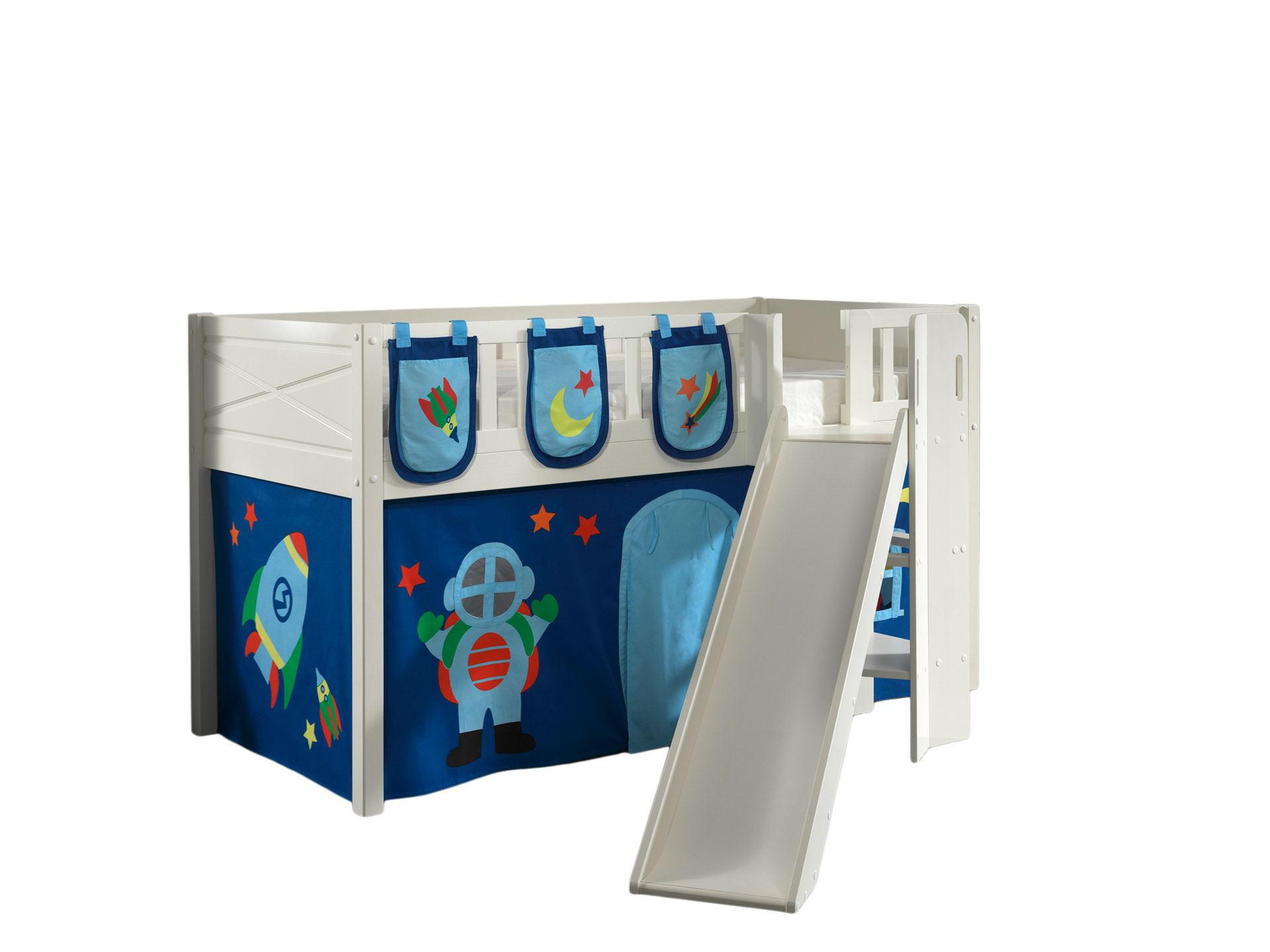 HOCHBETT mit Rutsche Karyl Massivholz Weiß Textilset Astro 3 - Blau/Weiß, Holz (90/200cm) - 58aufmkessel