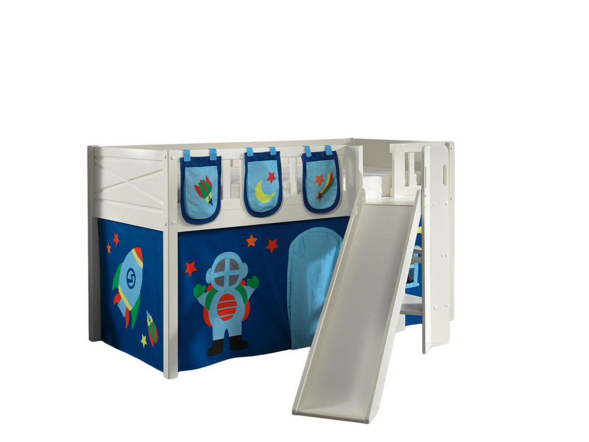 HOCHBETT mit Rutsche Karyl Massivholz Weiß Textilset Astro 3 - Blau/Weiß, Holz (90/200cm) - 58aufmkessel