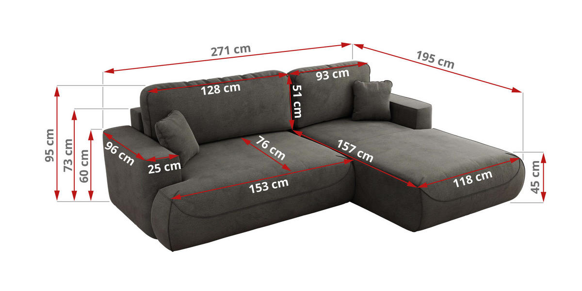 ECKSOFA OVO L Dunkelgrau Velvet - Links Seite - Dunkelgrau/Schwarz, Kunststoff/Textil (271/195cm) - MKS