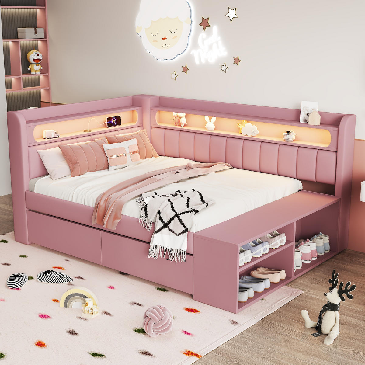 TAGESBETT mit LED, USB und Schubladen 90x200 cm Rosa - Rosa, Holz (90/200cm) - Meubliv