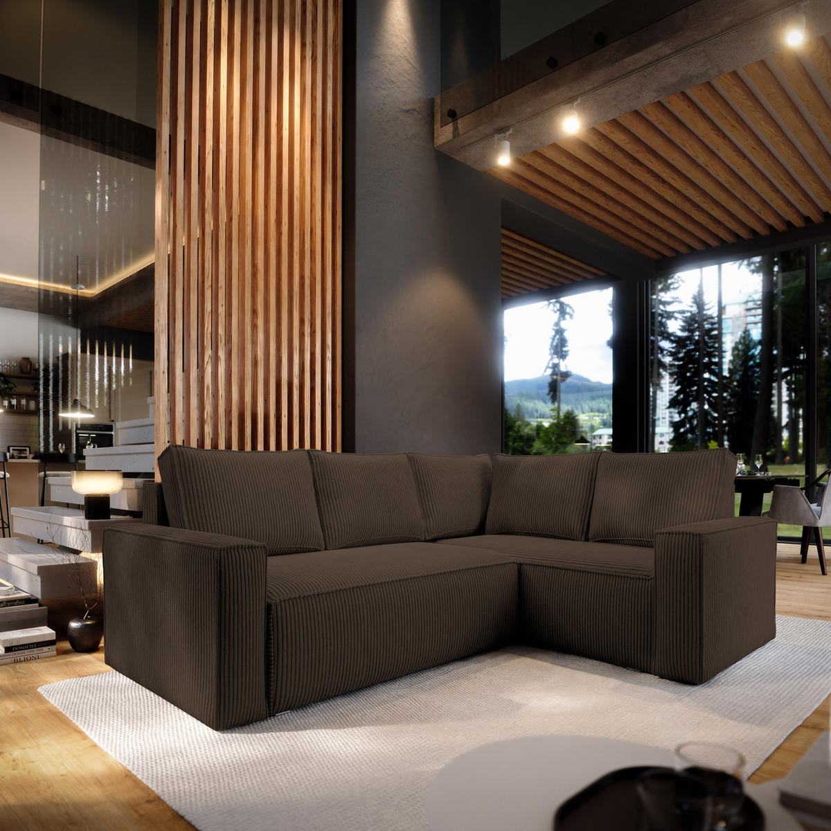 ECKSOFA ESTANO R-S Braun Kordstoff mit Schlaffunktion - Braun, Holz (230/158cm) - MASSENO