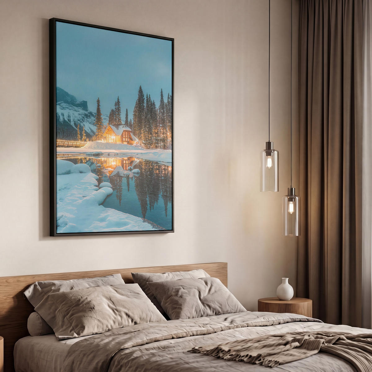 LEINWAND Bilder mit Rahmen - Winterlandschaft - Natur - Haus - Berge - Schnee - 60x90 - Hellblau, Textil (60/90cm) - MuchoWow