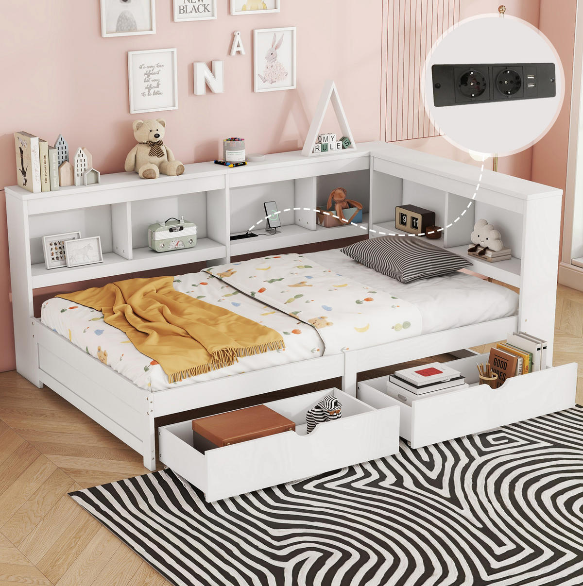 TAGESBETT 90/200 cm Weiß mit 2 Schubladen und USB-Anschlüssen - Weiß, Holzwerkstoff (90/200cm) - OKWISH