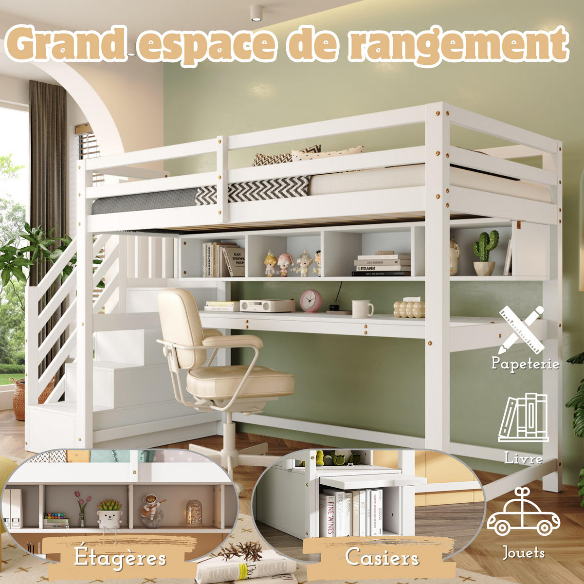 KINDERHOCHBETT 90x200cm Weiß Stauraumtreppe Schreibtisch Regale - Weiß, Holzwerkstoff (90/200cm) - FLIEKS