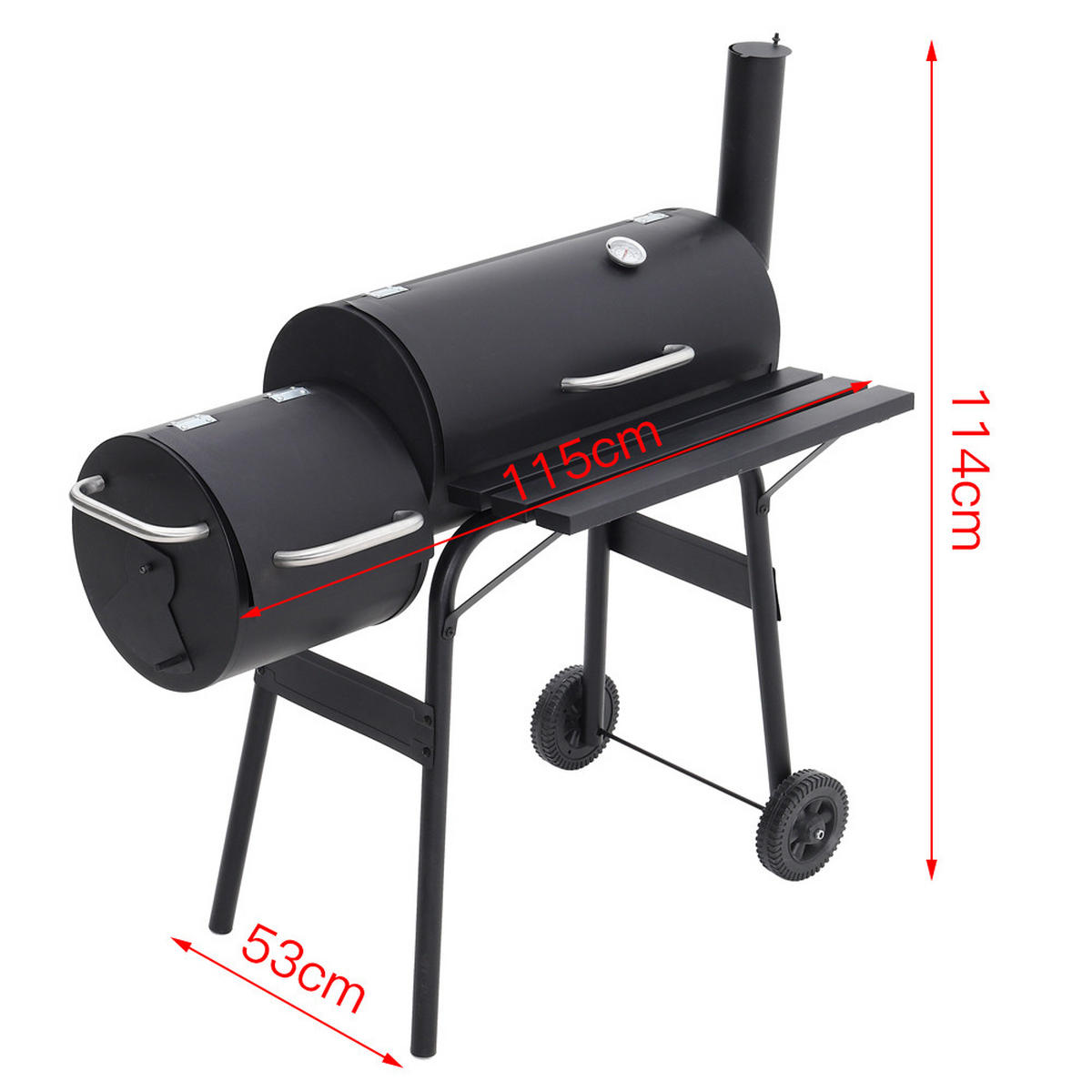 HOLZKOHLEGRILL Camping Smoker Grill 2-in-1 Design 3 Grillroste Seitentisch mit Rädern Schwarz ideal für Garten & Picknick - Schwarz, Metall (53/114/115cm) - Livingandhome