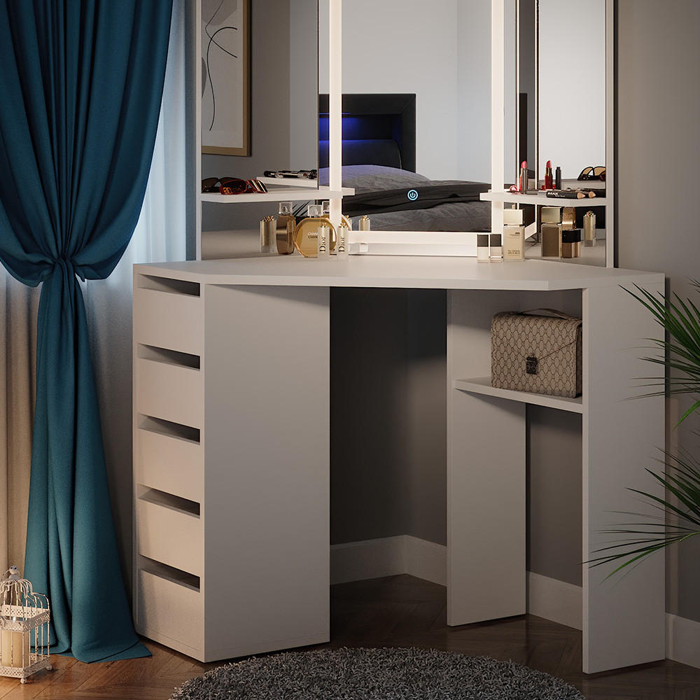 ECKSCHMINKTISCH Arielle Weiß 110 cm mit LED-Spiegel - Weiß, Holzwerkstoff (110/141.5/54cm) - Vicco