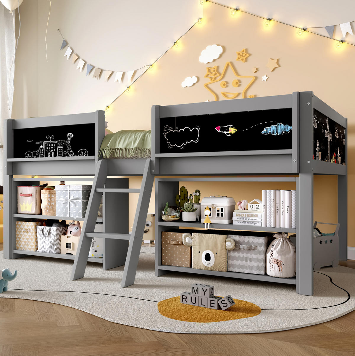 HALBHOHES Bett 90/200 cm grau aus Kiefernholz und MDF mit Stauraum - Grau, Holzwerkstoff (90/200cm) - OKWISH