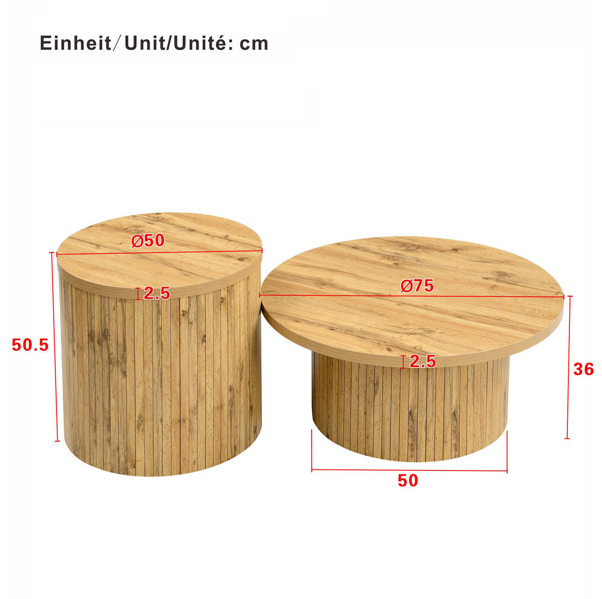 COUCHTISCH aus MDF 75x75x36 & 50x50x50,5 cm in Natur mit flexiblem 2er-Set - Naturfarben, Holzwerkstoff (75/75/36cm) - Modfu