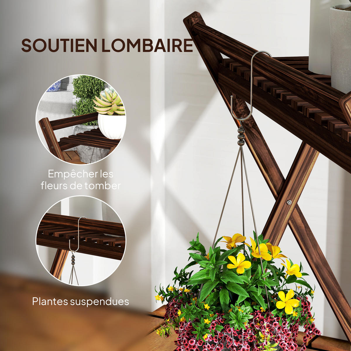 BLUMENTREPPE-SET DE-12199 2er-Set, 2-stufig mit Rückhaltebügel Braun - Braun, Holz (36/64/73cm) - ComfortXL