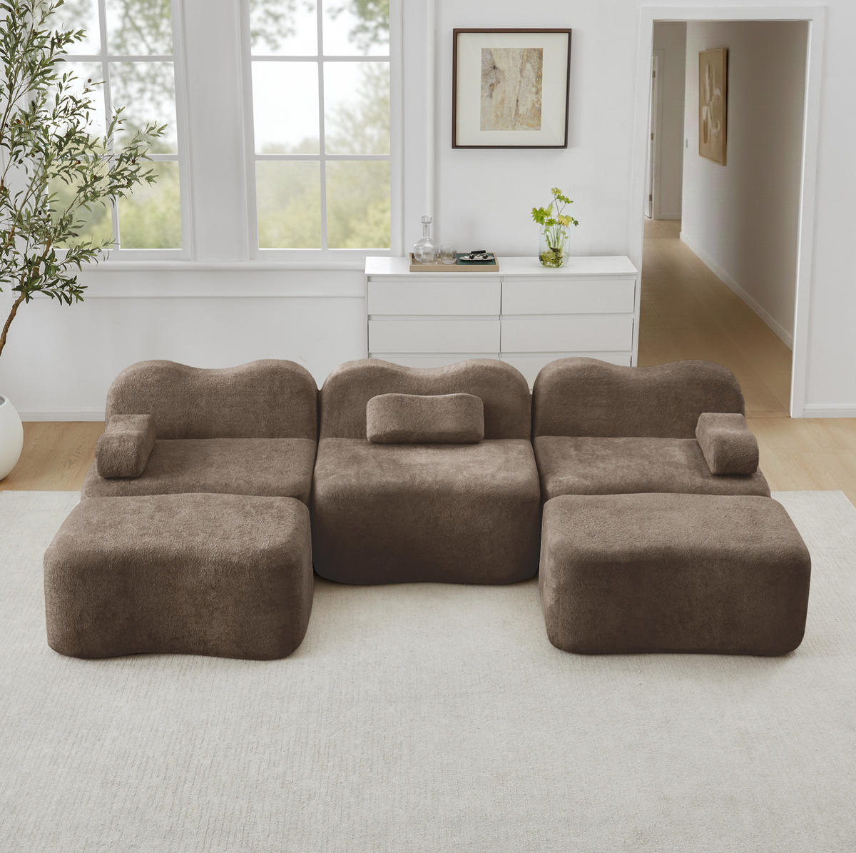 SOFA modular U-Form Samt Braun mit 2 Hockern - Braun, Textil (167/70/288cm) - Meubliv