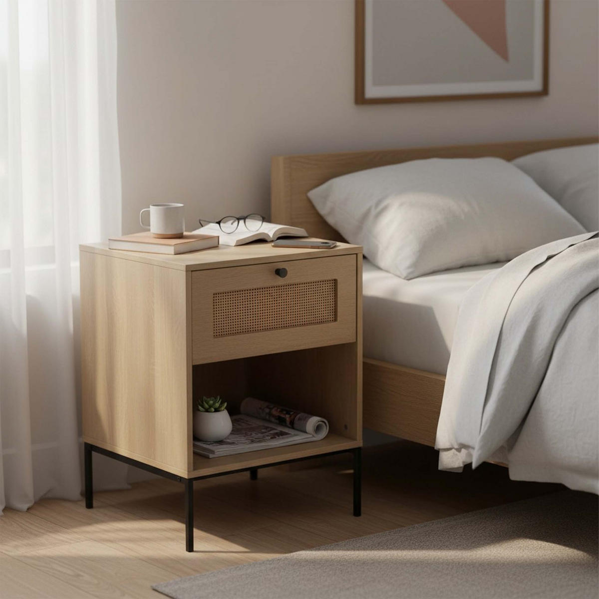 KOMODA přírodní černá ratanový vzhled zásuvka - světle hnědá, kov/kompozitní dřevo (40/55/40cm) - Relaxdays