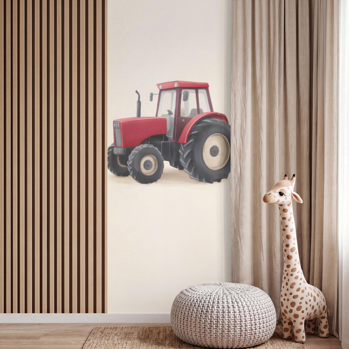KINDERTAPETE - Traktor - Minimalistisch - Illustration - Rot - 100x300 cm - Rot, Papier (100/300cm) - OnlyWow