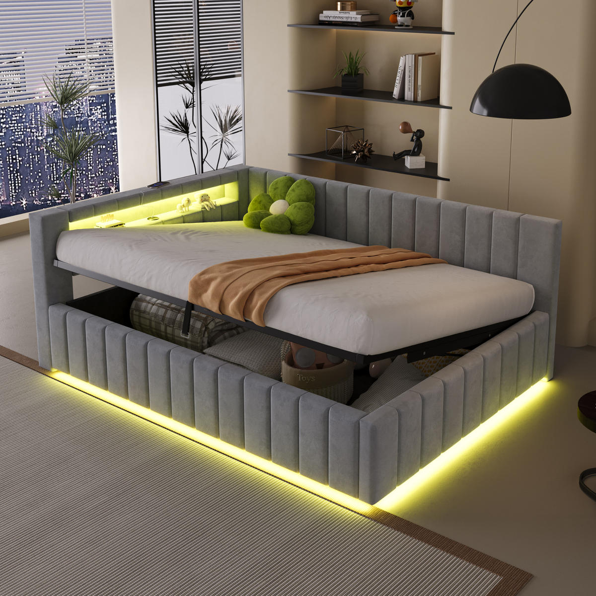 POLSTERBETT 140x200 cm LED USB hellgrau - Grau, Textil (140/200cm) - Fortuna Lai