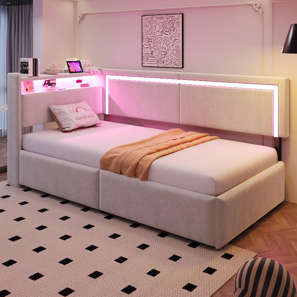 POLSTERBETT Schlafsofa 90/200 cm mit LED-Beleuchtung, USB-Anschluss, Bettkasten und Samtbezug, Beige - Beige, Textil (90/200cm) - Redom