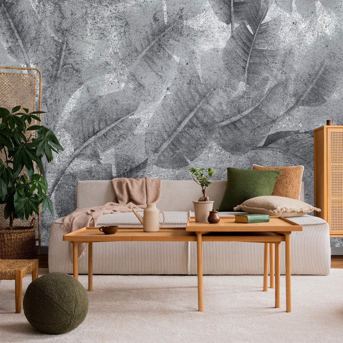 FOTOTAPETE für Wohnzimmer Abstraktion Blätter Beton Vintage Grau 300x210 - Grau, Papier (300/210cm) - Muralo