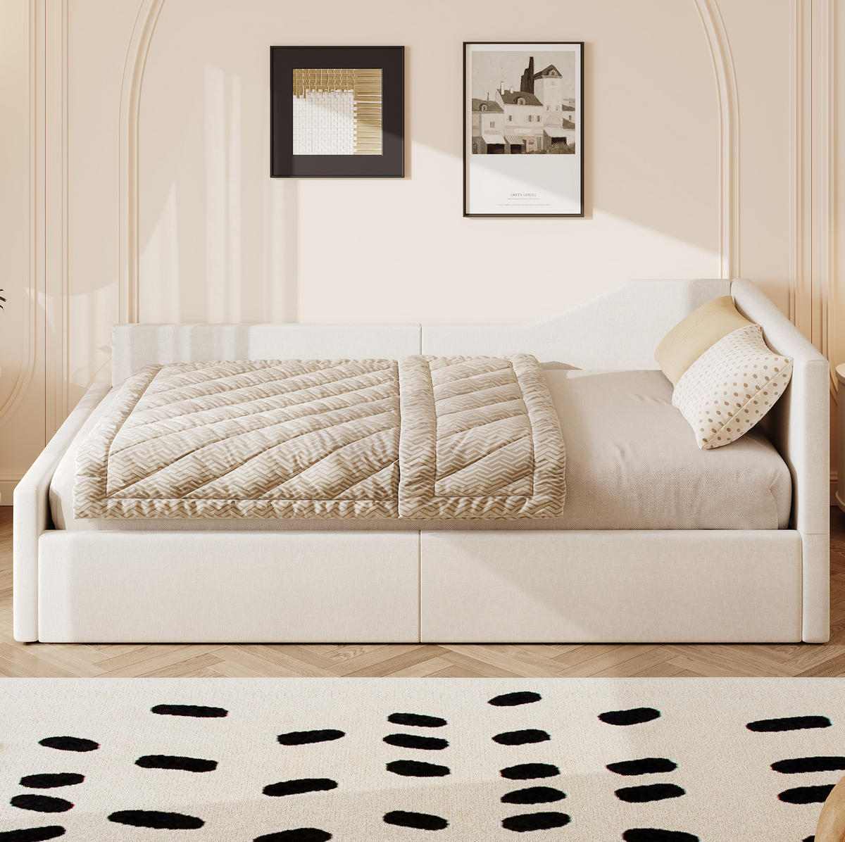 KREVET 140/200 cm s prostorom za pohranu i naslonom, MDF i lanena tkanina, Bež - bež, drvni materijal (140/200cm) - Redom