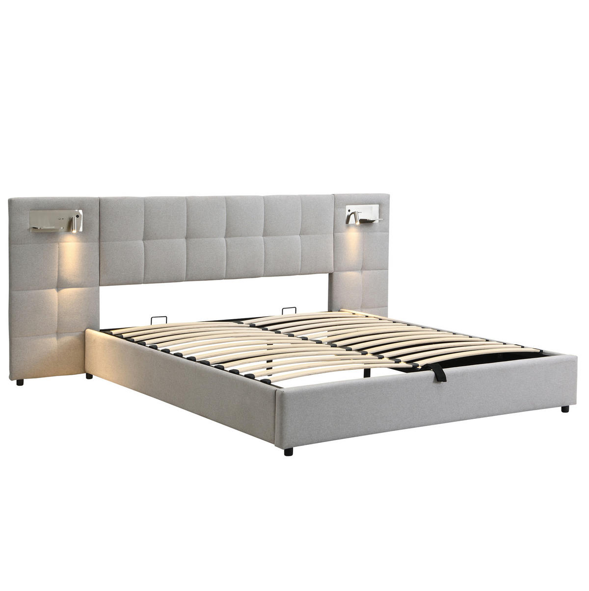 POLSTERBETT mit Stauraum 180x200 cm Leinen Grau mit USB & kabellosem Laden - Grau, Metall (180/200cm) - Meubliv