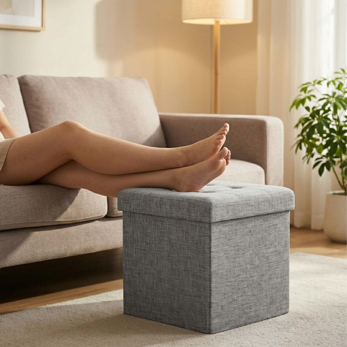 SITZHOCKER Grau Leinen faltbar Stauraum 38x38x38 cm - Grau, Holzwerkstoff/Textil (38/38/38cm) - Relaxdays