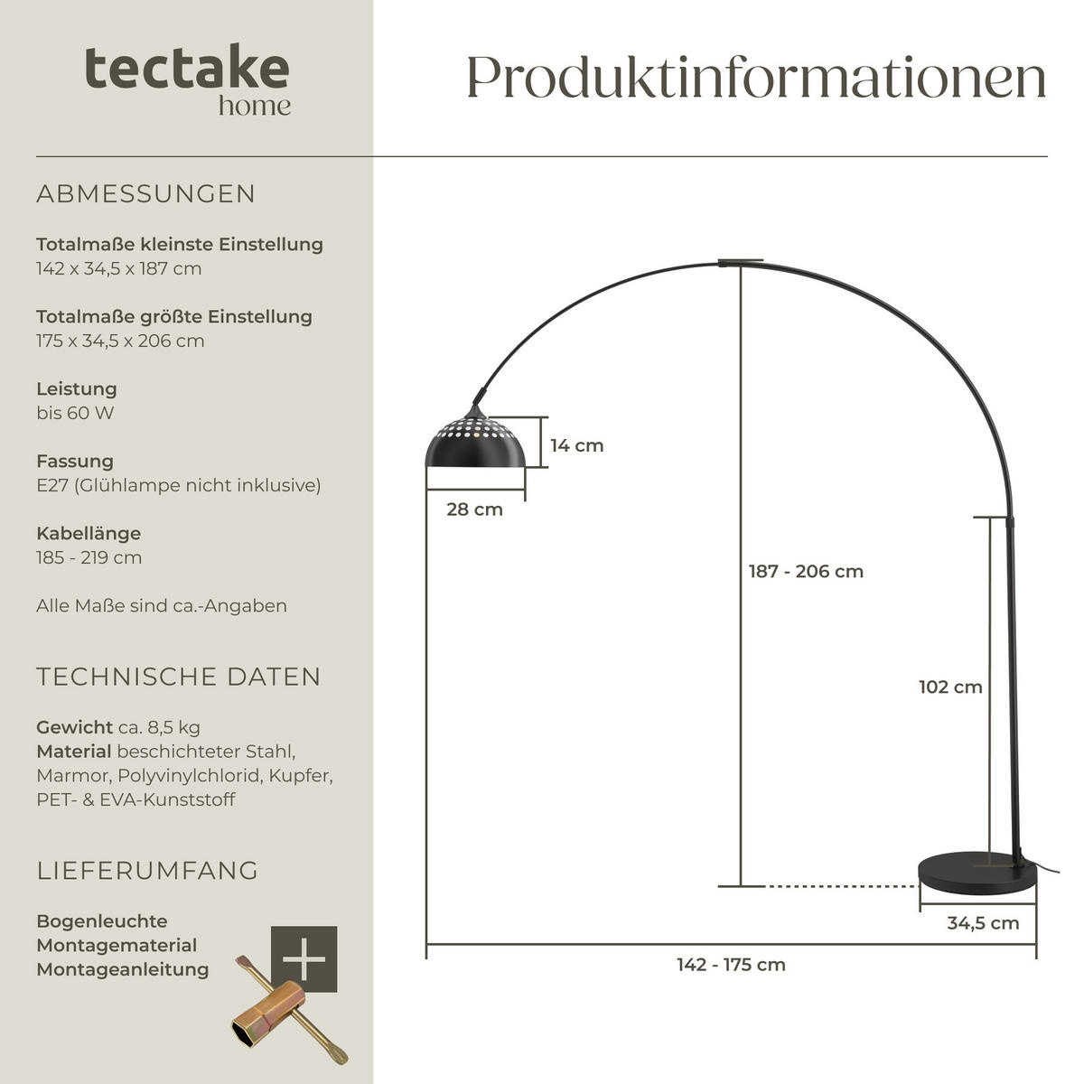 BOGENLEUCHTE Arcus,höhenverstellbar 187 - 206 cm,schwarz - Schwarz, Metall (175/34.5/206cm) - tectake