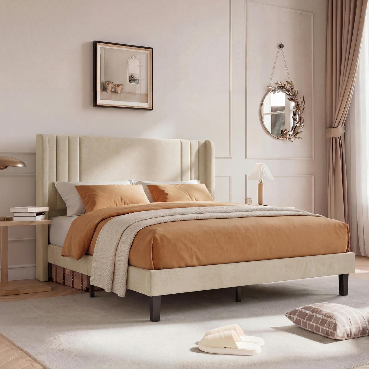 POLSTERBETT 160/200 cm Beige mit Flügelkopfteil und Stauraum - Beige, Holz (160/200cm) - SHOPENTRA