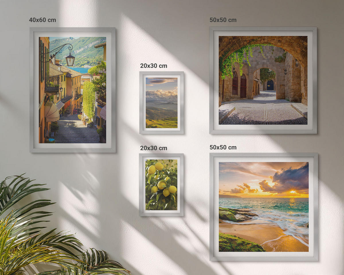 WANDBILDER 5er Set - 50x50 cm & 20x30 cm & 40x60 cm Silberner Rahmen - Malerische Straßen am Meer, Strand - Silberfarben, Kunststoff (40/60cm) - ArtPrintCave