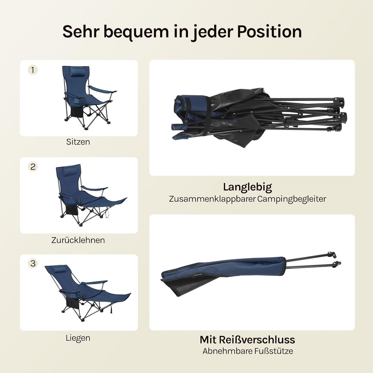 CAMPINGSTUHL Faltbar 2er Set mit Fußablage Blau - Blau, Textil (84/88.5/160cm) - Woltu
