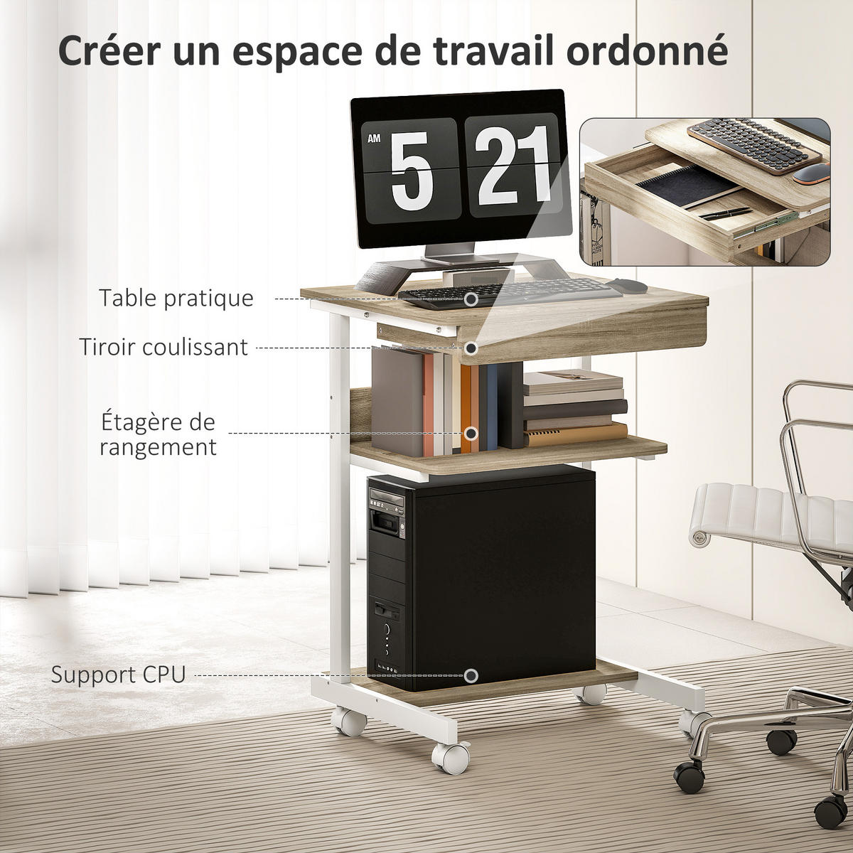 COMPUTERTISCH DE-14901 auf Rollen mit Schublade & CPU-Halter Eiche - Beige, Holzwerkstoff (51/56/79cm) - ComfortXL