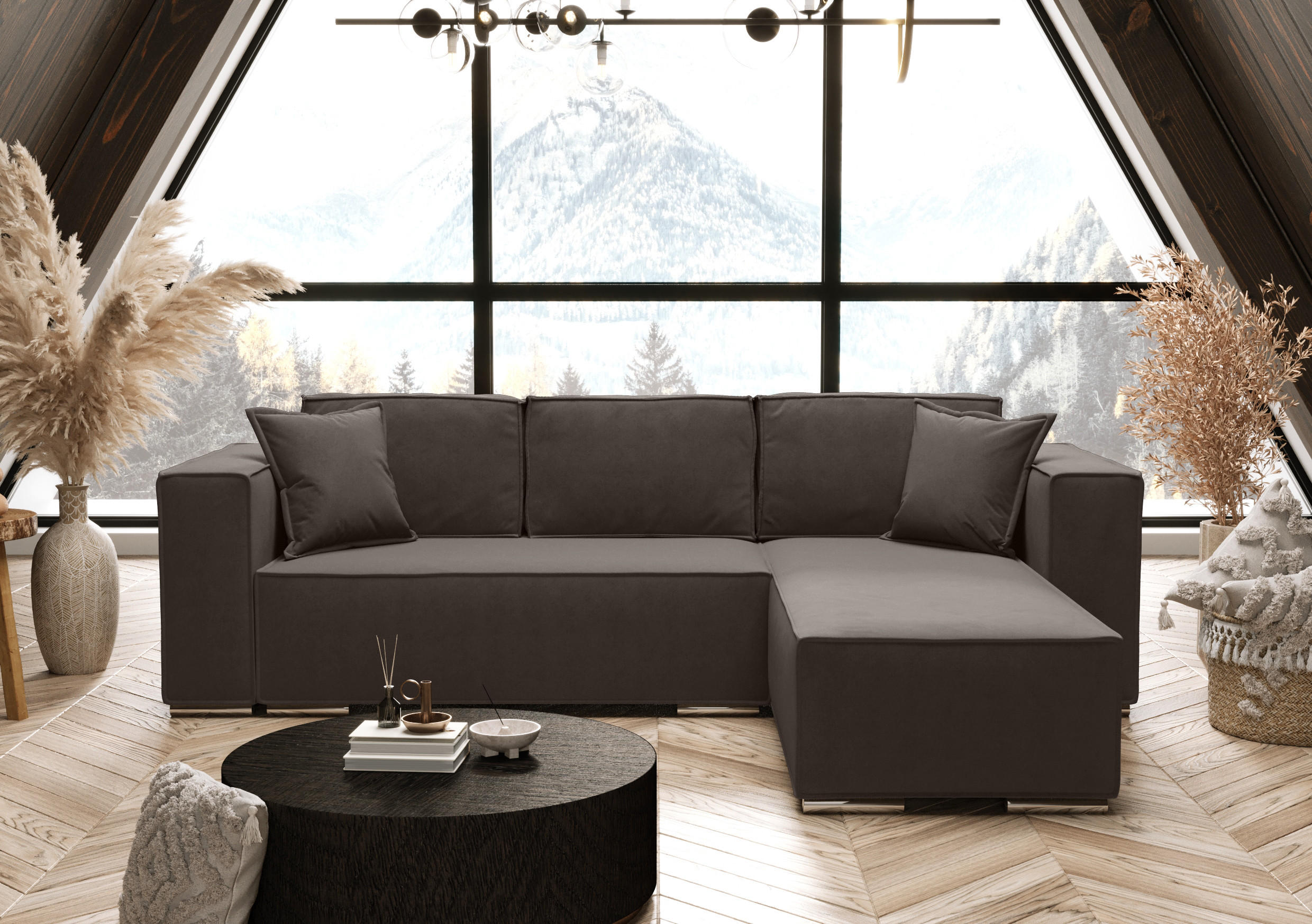 ECKSOFA L Form Vinoria Braun 255/180/82 cm Rechts mit Schlaffunktion - Chromfarben/Braun, Textil/Metall (255/180cm) - AX Living