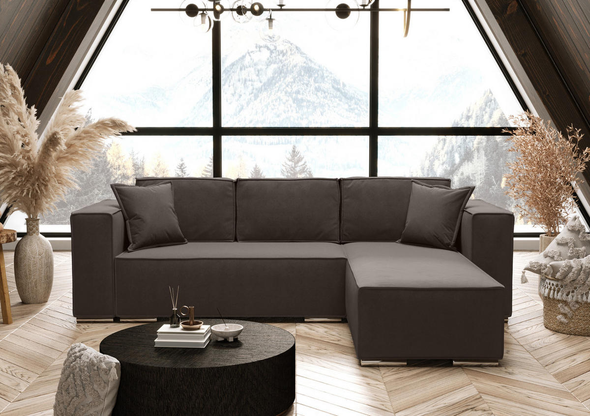 ECKSOFA L Form Vinoria Braun 255/180/82 cm Rechts mit Schlaffunktion - Chromfarben/Braun, Textil/Metall (255/180cm) - AX Living