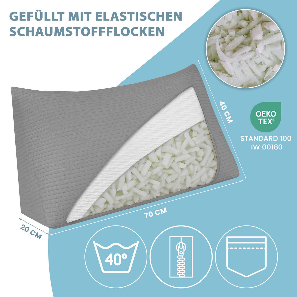 KEILKISSEN Frost Grey, 70/40/20 cm, Cord - Dunkelgrau, Textil (70/20cm) - Dreamroots