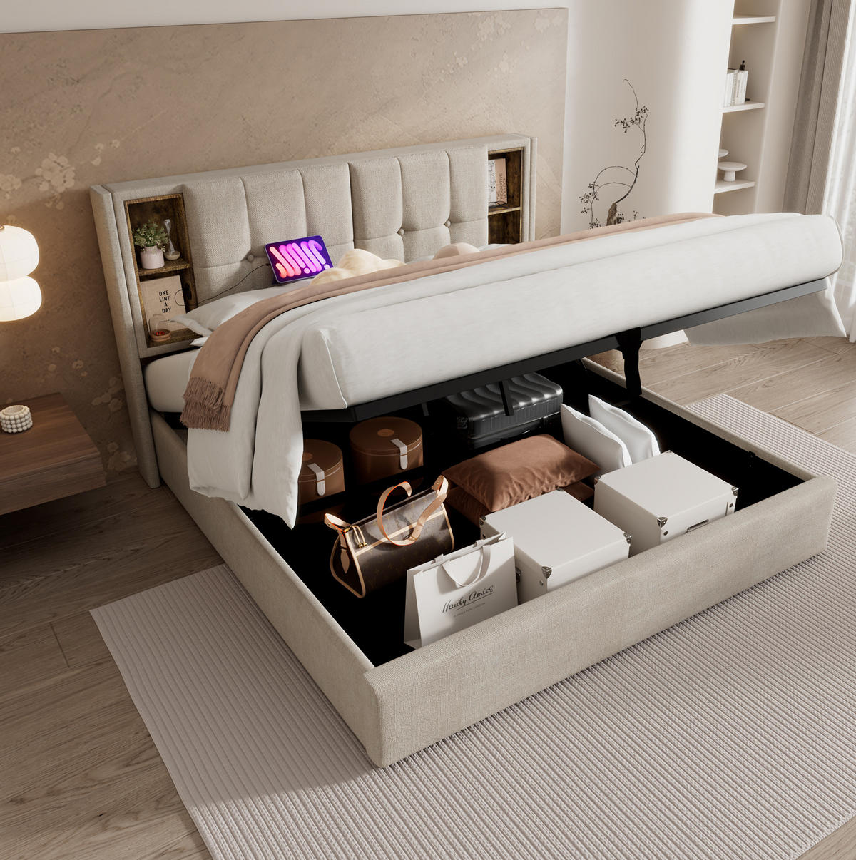 POLSTERBETT 140/200 cm Natürlich aus Leinen mit Stauraum, Ladestation und Matratze - Naturfarben, Textil (140/200cm) - OKMYHOME