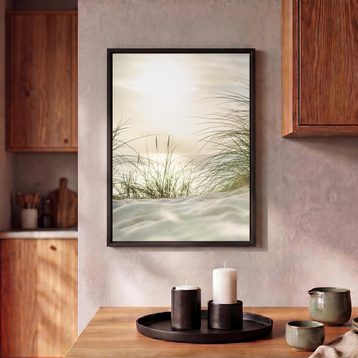 LEINWAND Bilder mit Rahmen - Dünen mit Strandhafer in der Sonne des Nationalparks Schleswig-Holsteinisches Wattenmeer - 30x40 - Creme, Textil (30/40cm) - MuchoWow