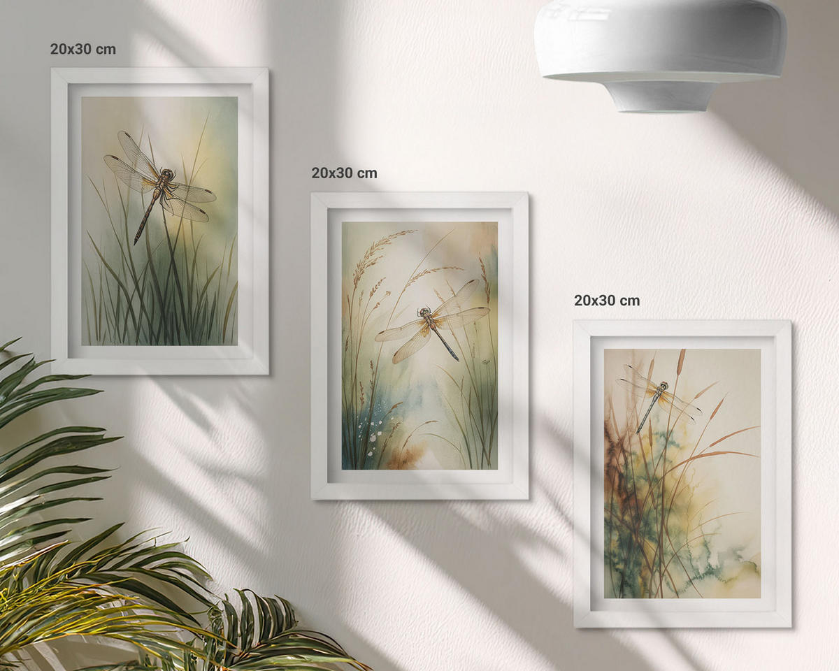 BILDER SET 3er Set - 20x30 cm Weißer Rahmen - Libellengräser über dem Wasser - Weiß, Kunststoff (20/30cm) - TULUP