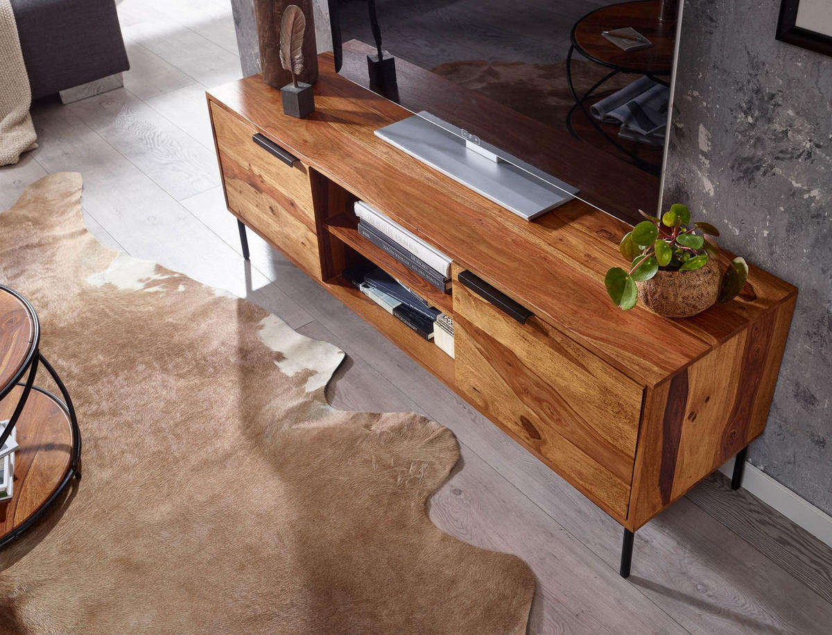 LOWBOARD Massivholz Landhausstil für 60-Zoll Fernseher mit offenen Fächern - Schwarz/Braun, Holz/Metall (147/51/38cm) - KADIMA DESIGN