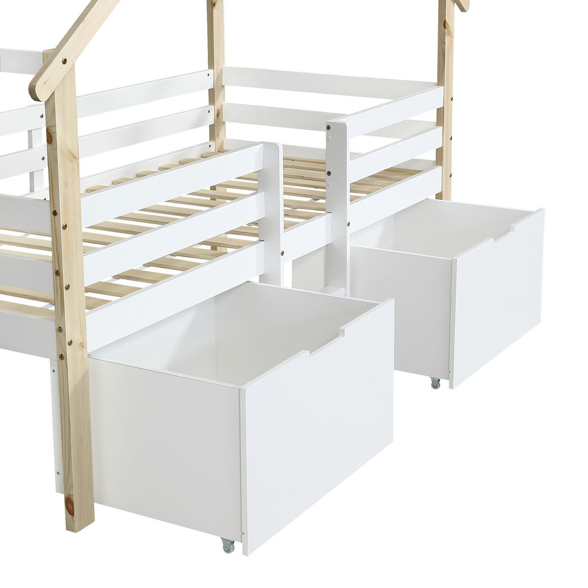 KINDEREINZELBETTEN aus Holz & MDF 90x200 cm in Weiß/Natur mit Treppe & 2 Fächern - Weiß, Holzwerkstoff (90/200cm) - Modfu