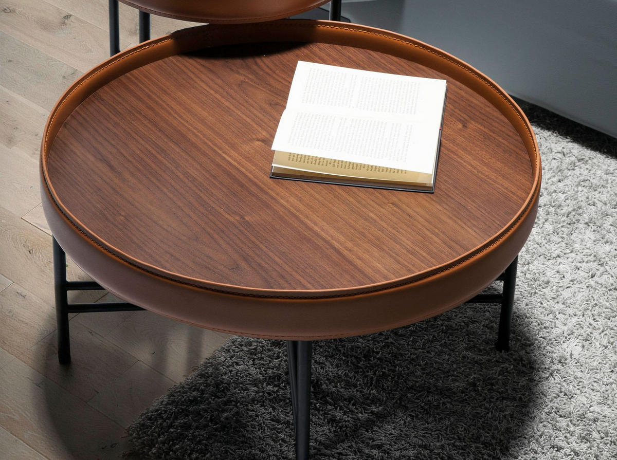 COUCHTISCH Runder Couchtisch aus Kunstleder, Nussbaum und schwarzem Stahl Ø62/35 cm - Nussbaumfarben/Schwarz, Metall (62/62/35cm) - ANGEL CERDA