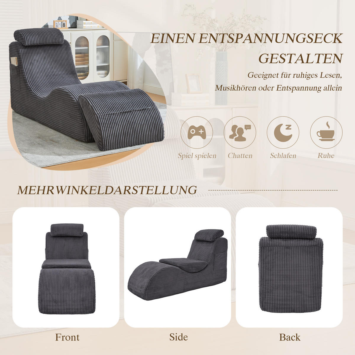 SESSEL Cord Dunkelgrau mit Seitentasche und Kopfkissen - Dunkelgrau, Holzwerkstoff/Textil (66/90/160cm) - WISHDOR