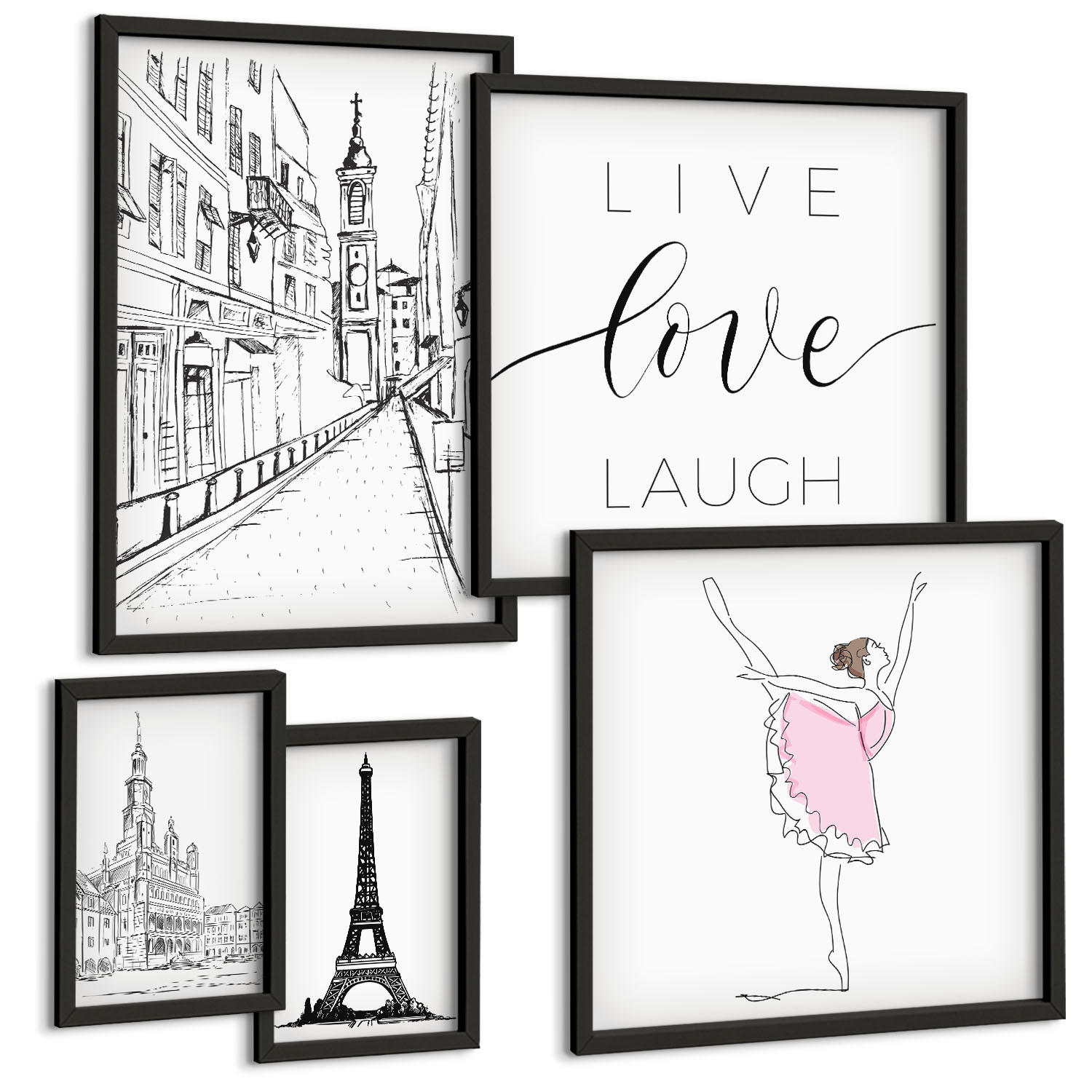 BILDER SET 5er Set - 50x50 cm & 20x30 cm & 40x60 cm Schwarzer Rahmen - Fruchtige Zitrusmuster - Schwarz, Kunststoff (40/60cm) - TULUP