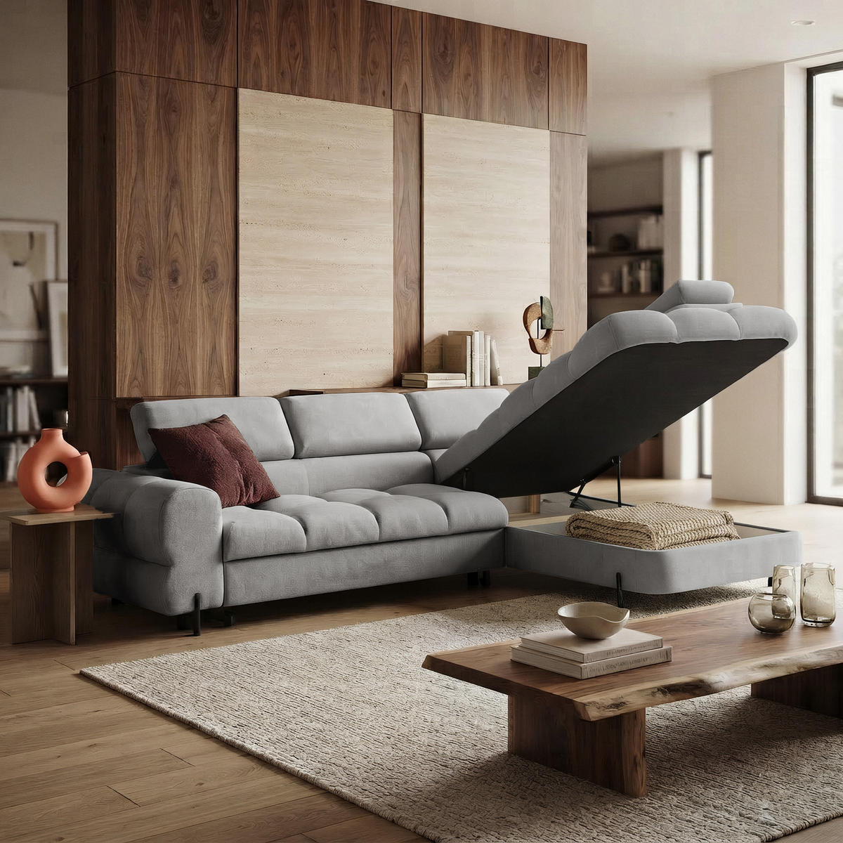 ECKSOFA BOWL L Rechts mit Schlaffunktion 125x195 Velours Grau - Schwarz/Grau, Holz/Textil (195/260cm) - Muffo