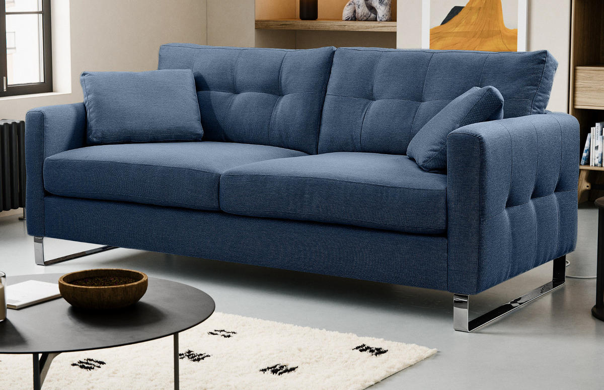 SOFA blau Flachgewebe 2,5-Sitzer 203 cm, Couch mit Steppoptik - Blau/Chromfarben, Holz/Textil (203/92/94cm) - Inn.Furn