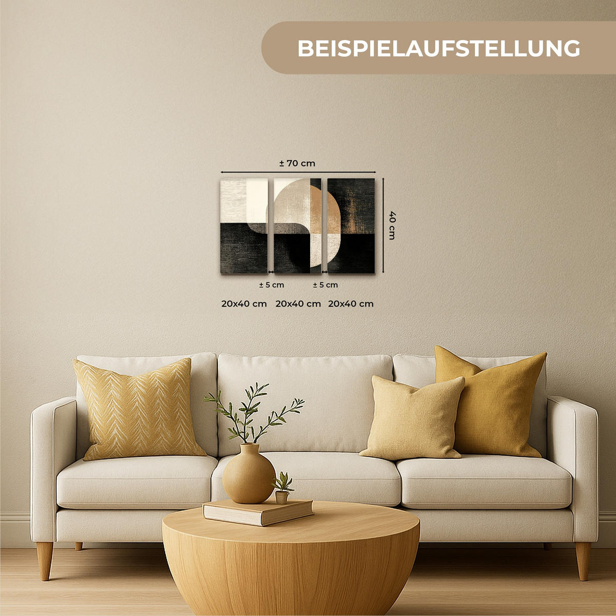 LEINWANDBILD 3er Set Formen - Abstrakt - Gold 60x40 cm - Schwarz, Textil (60/40cm) - MuchoWow