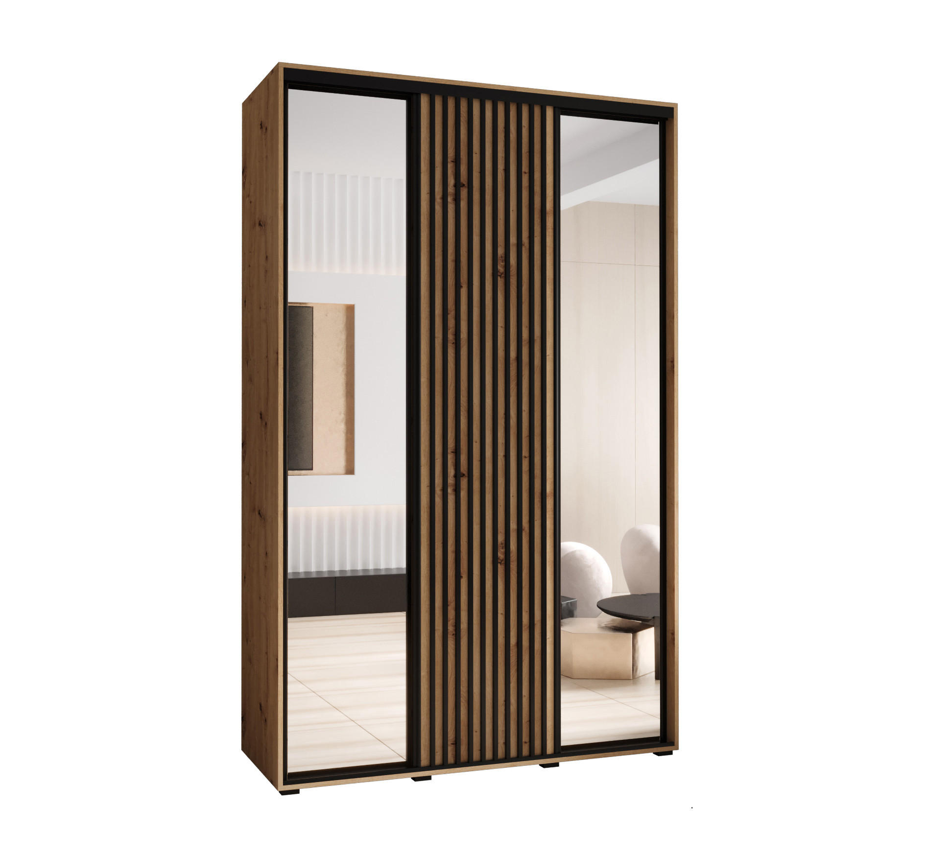 Abiks Möbel Schwebetürenschrank Eiche Artisan, Eiche Artisan, Schwarz 160x235x60 cm