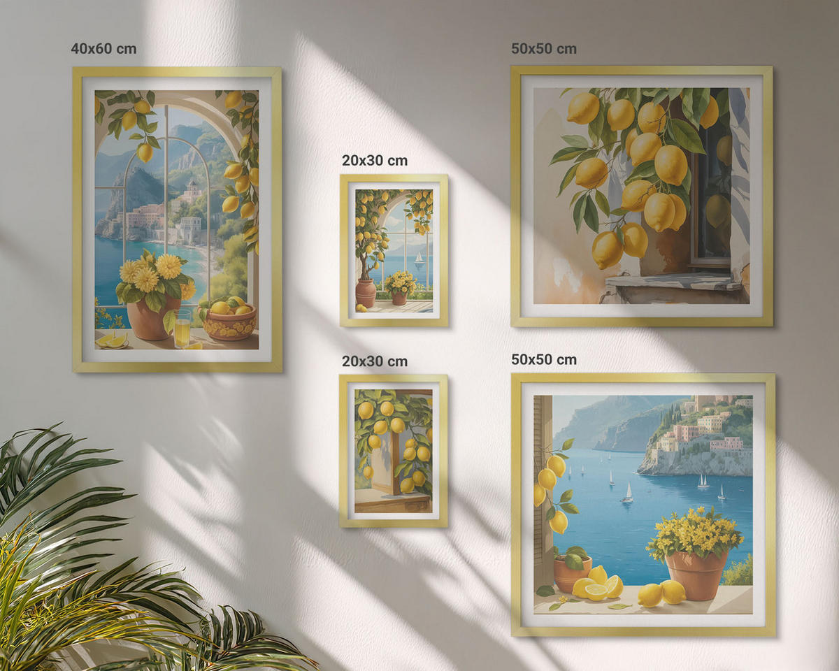 BILDER SET 5er Set - 50x50 cm & 20x30 cm & 40x60 cm Goldrahmen - Meerblick, italienische Zitronen - Goldfarben, Kunststoff (40/60cm) - TULUP
