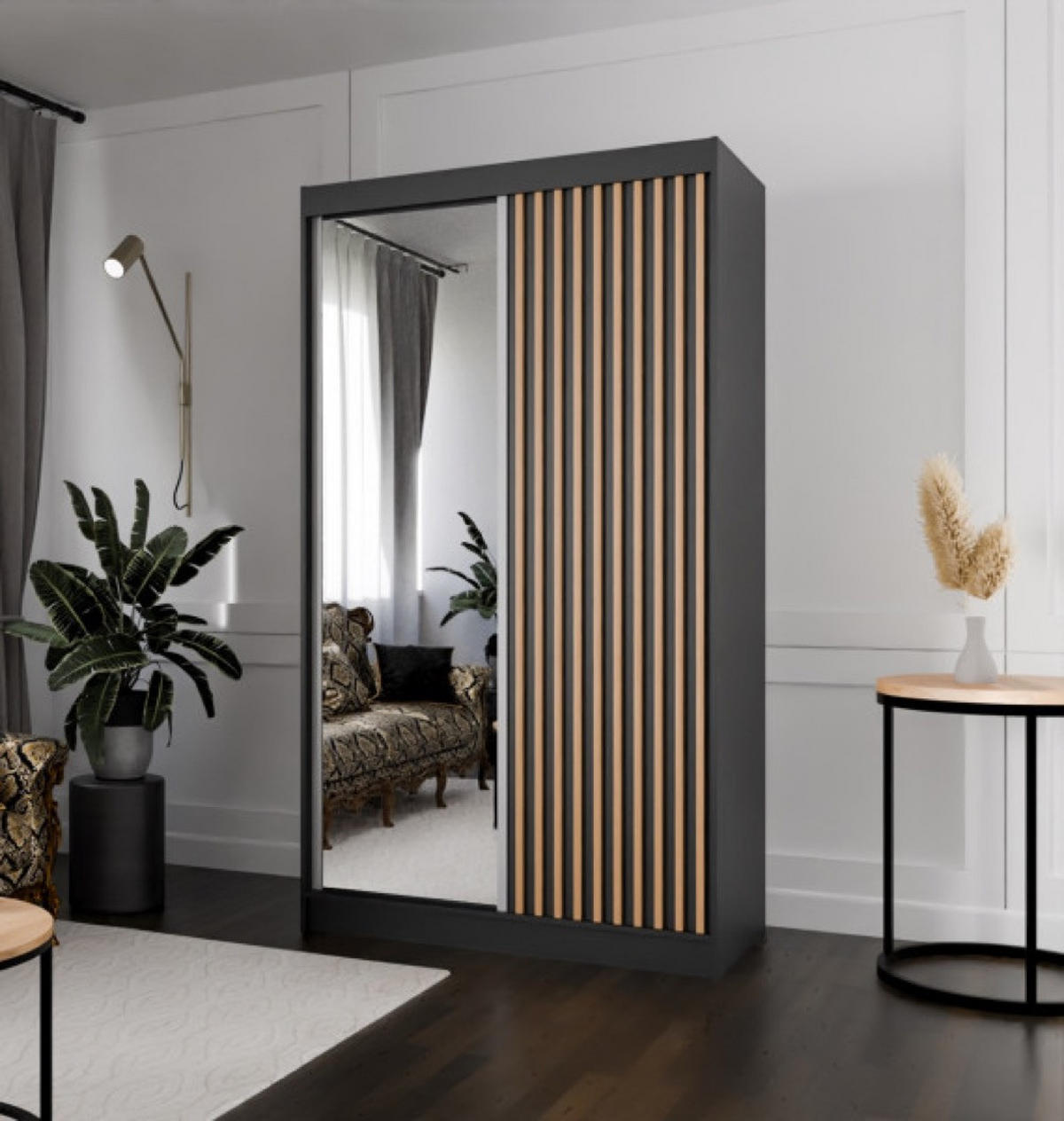 SCHRANK Schwarz Mit Lamellen Und Spiegel Craft Gold 120 cm - Schwarz, Holzwerkstoff (120/215/61cm) - Sepro Meble