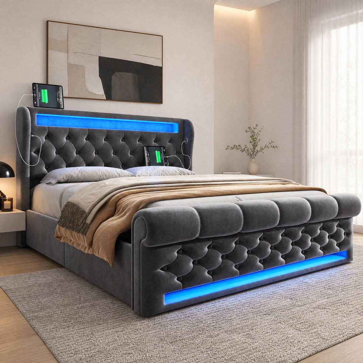 POLSTERBETT 140/200 mit Bettkasten LED-Leuchten, in Grau - Grau, Holzwerkstoff/Textil (140/200cm) - EVRYAE