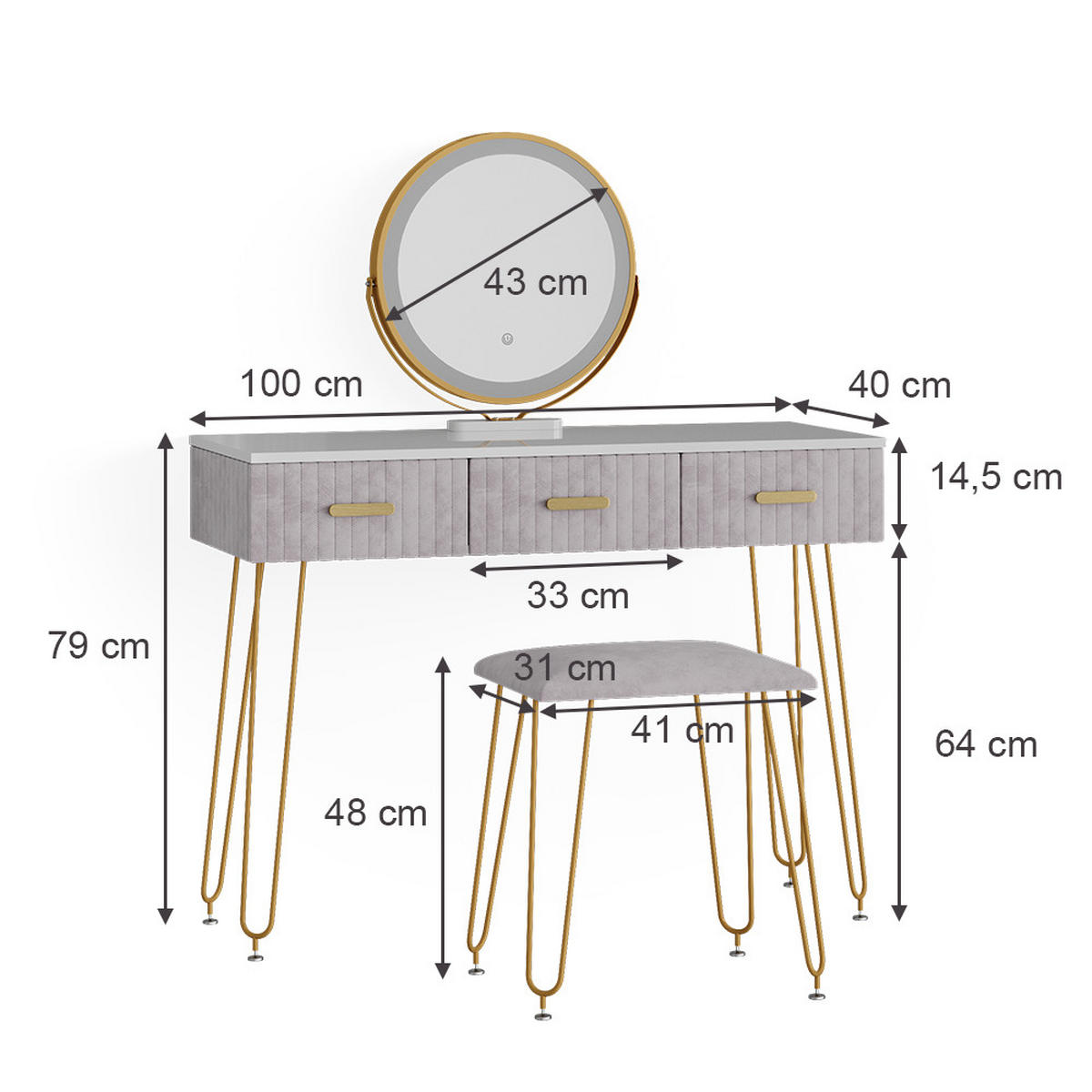 SCHMINKTISCH Layla Grau 100 cm mit LED Beleuchtung und Hocker - Grau, Holzwerkstoff (100/79/40cm) - Vicco