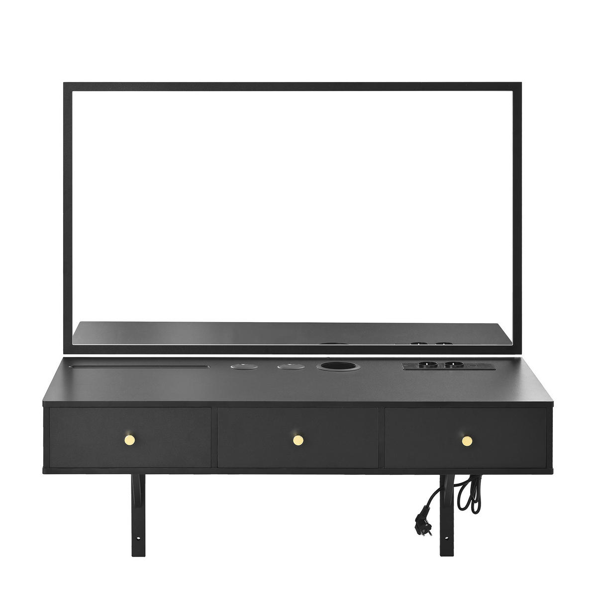 SCHMINKTISCH aus Spanplatte 100x45x105 cm Schwarz mit Spiegel, 3 Schubladen und Steckdosenleiste - Schwarz, Holzwerkstoff (100/105/45cm) - Modfu